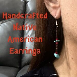 Native American handmade earrings made with heishi, turquoise, and coral beads